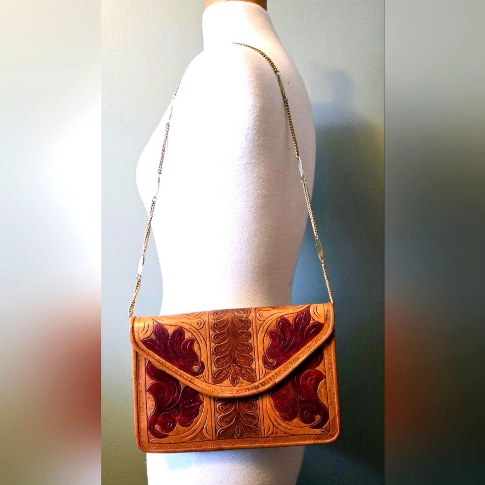 Handcrafted Vintage Leather Clutch Shoulder Bag with Intricate Tooled Design